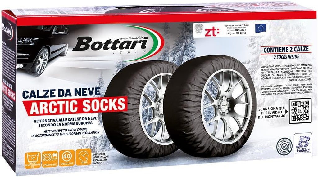 Bottari Calze da Neve Omologate Italia EN 16662-1:2020 Arctic Socks, 2 Catene da neve in tessuto, Nero, Catene da Neve Tessili (Misure per Pneumatici Dettagliate all'Interno)