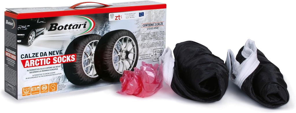 Bottari Calze da Neve Omologate Italia EN 16662-1:2020 Arctic Socks, 2 Catene da neve in tessuto, Nero, Catene da Neve Tessili (Misure per Pneumatici Dettagliate all'Interno)