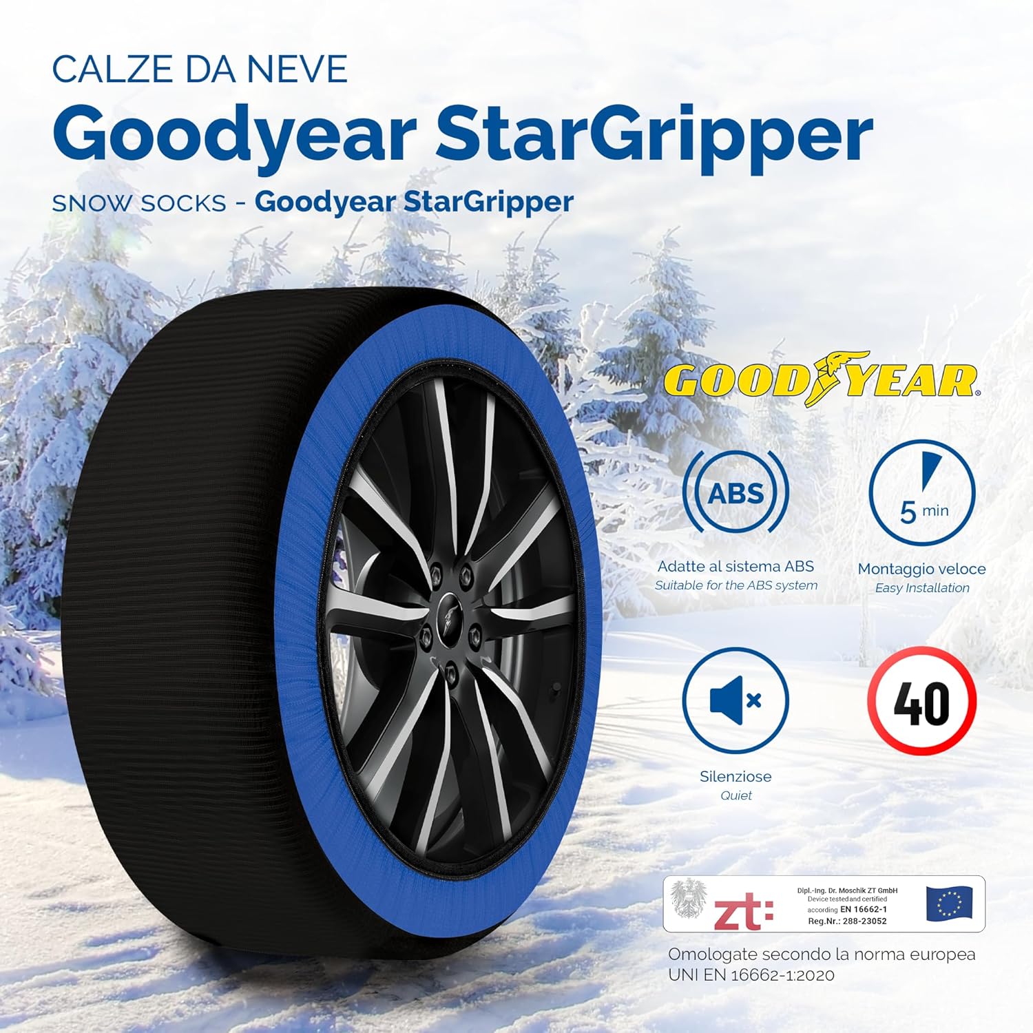 Goodyear Calze da Neve Omologate Italia EN 16662-1:2020 Star Gripper 2 Catene da Neve in Tessuto per Auto, Snow Sock (Misure per Pneumatici Dettagliate all'Interno)