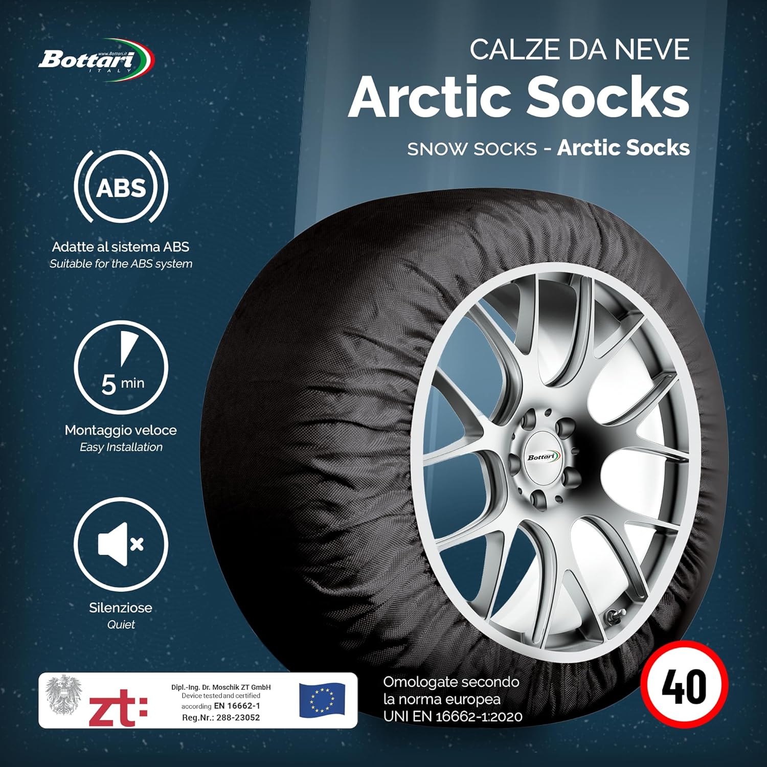 Bottari Calze da Neve Omologate Italia EN 16662-1:2020 Arctic Socks, 2 Catene da neve in tessuto, Nero, Catene da Neve Tessili (Misure per Pneumatici Dettagliate all'Interno)