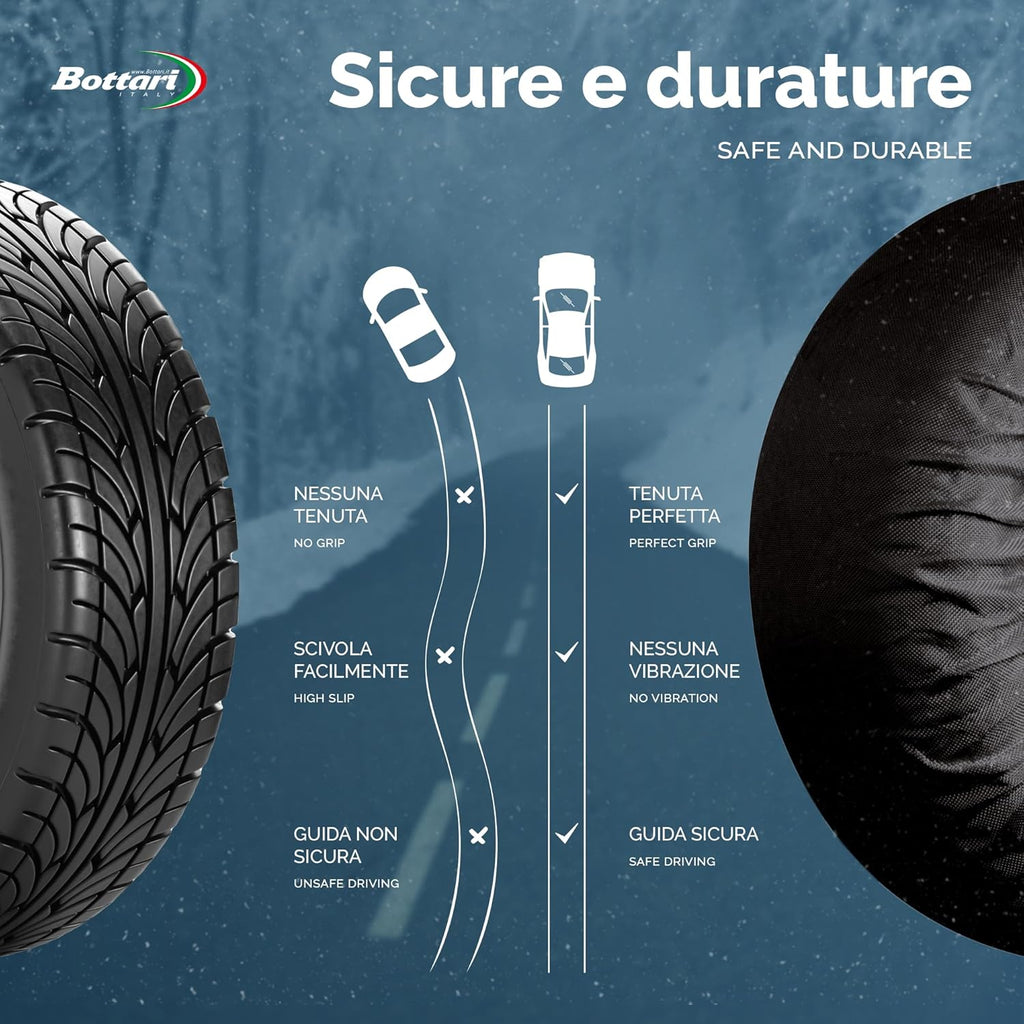 Bottari Calze da Neve Omologate Italia EN 16662-1:2020 Arctic Socks, 2 Catene da neve in tessuto, Nero, Catene da Neve Tessili (Misure per Pneumatici Dettagliate all'Interno)