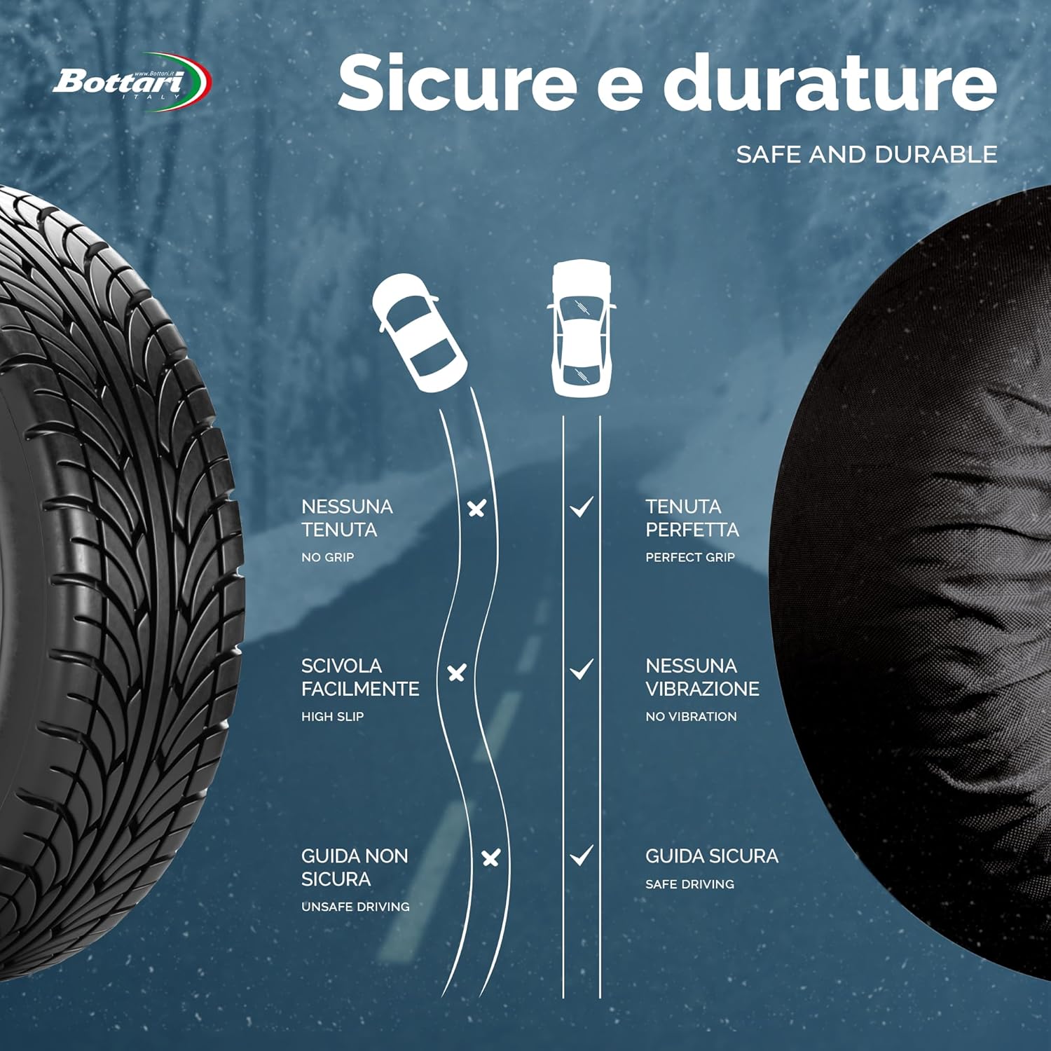 Bottari Calze da Neve Omologate Italia EN 16662-1:2020 Arctic Socks, 2 Catene da neve in tessuto, Nero, Catene da Neve Tessili (Misure per Pneumatici Dettagliate all'Interno)