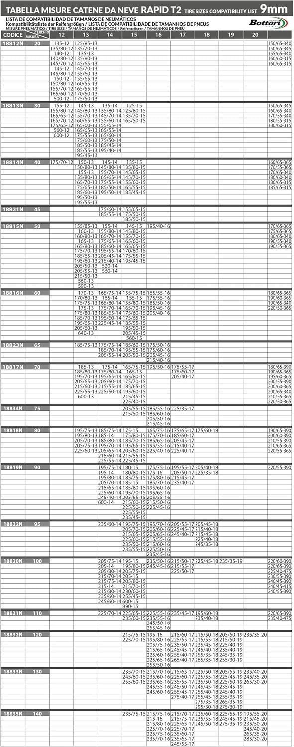 Bottari Rapid T2-Catene da neve-Compatibili con ABS ed ESP -9 mm omologate UNI EN 16662-1:2020  e Önorm 5117(Misure per Pneumatici Dettagliate all'Interno)