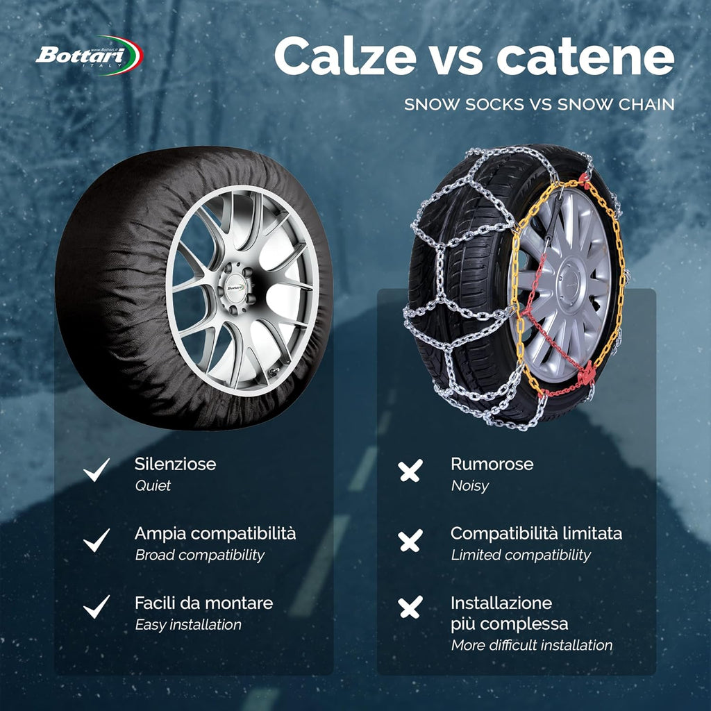 Bottari Calze da Neve Omologate Italia EN 16662-1:2020 Arctic Socks, 2 Catene da neve in tessuto, Nero, Catene da Neve Tessili (Misure per Pneumatici Dettagliate all'Interno)