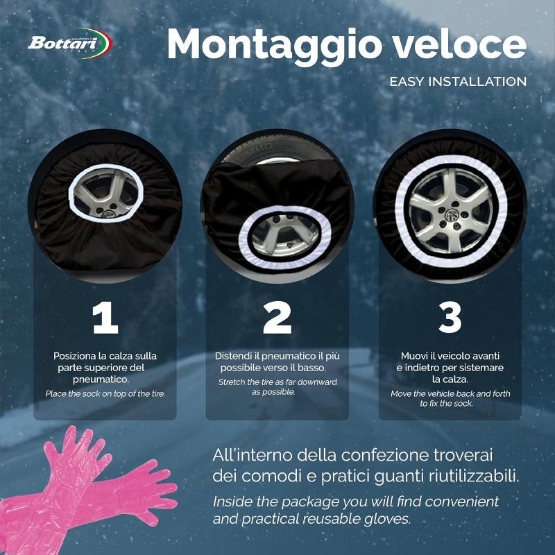 Bottari Calze da Neve Omologate Italia EN 16662-1:2020 Arctic Socks, 2 Catene da neve in tessuto, Nero, Catene da Neve Tessili (Misure per Pneumatici Dettagliate all'Interno)