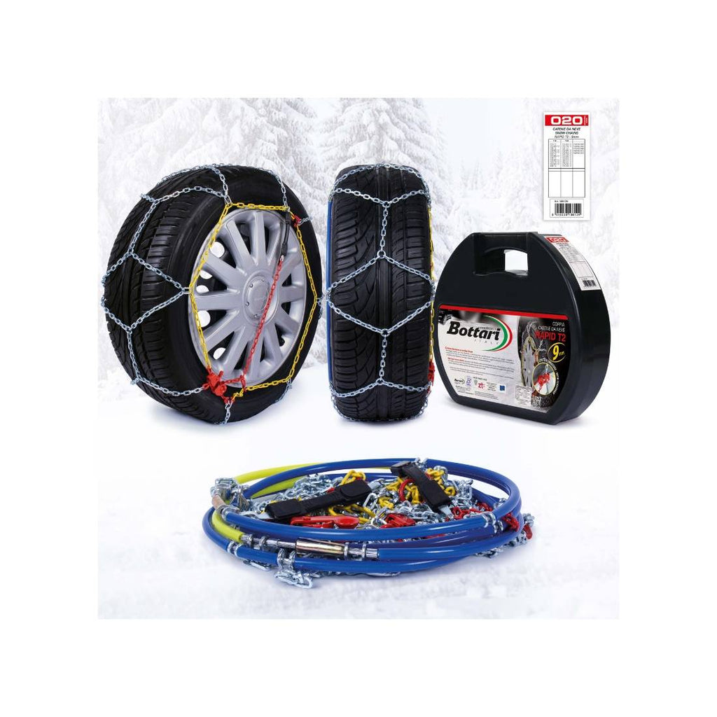 Bottari Rapid T2-Catene da neve-Compatibili con ABS ed ESP -9 mm omologate UNI EN 16662-1:2020  e Önorm 5117(Misure per Pneumatici Dettagliate all'Interno)