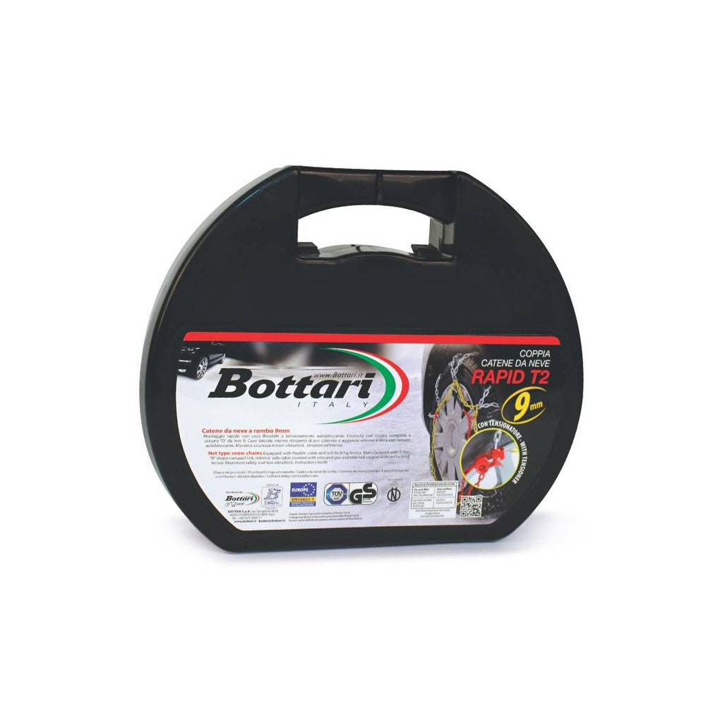 Bottari Rapid T2-Catene da neve-Compatibili con ABS ed ESP -9 mm omologate UNI EN 16662-1:2020  e Önorm 5117(Misure per Pneumatici Dettagliate all'Interno)