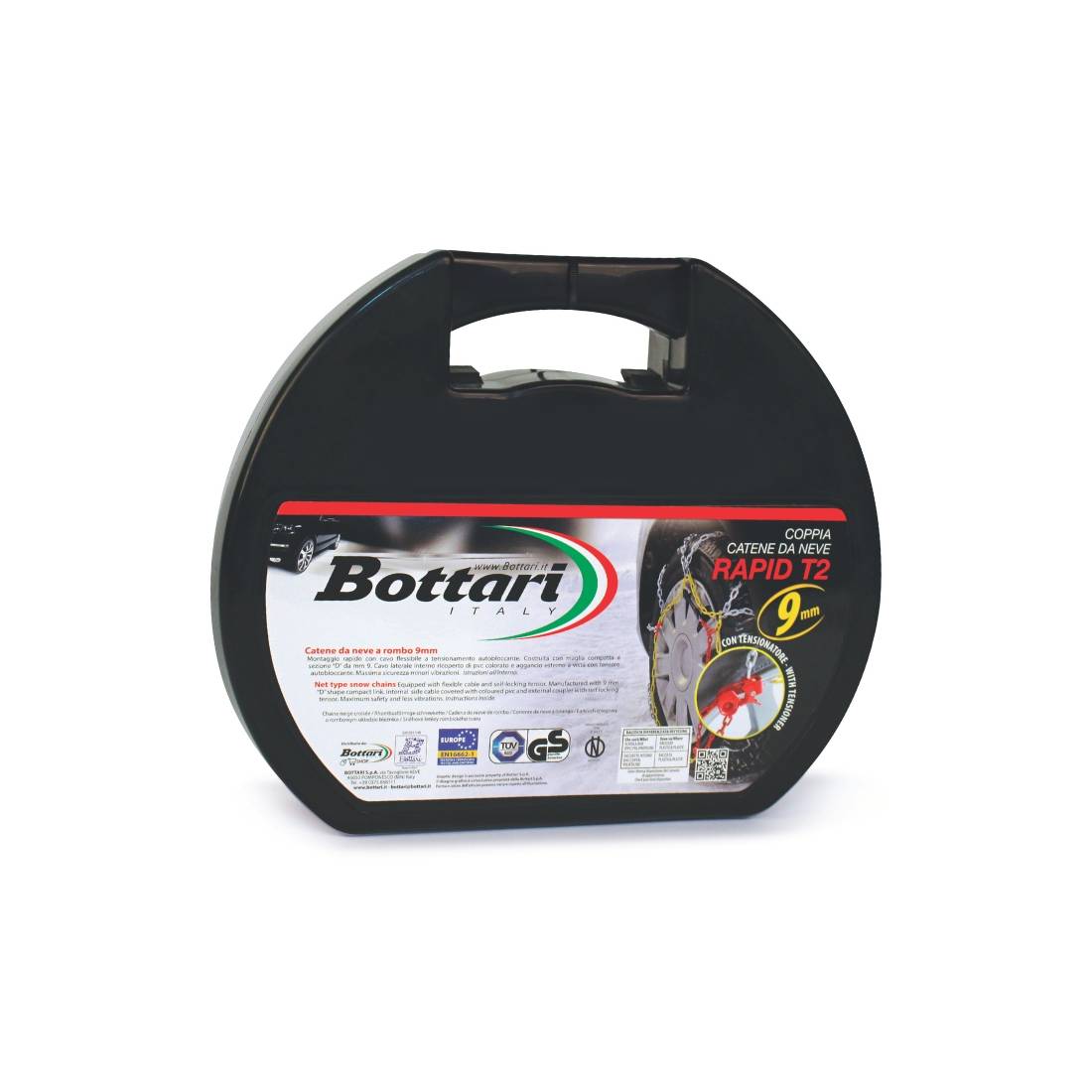 Bottari Rapid T2-Catene da neve-Compatibili con ABS ed ESP -9 mm omologate UNI EN 16662-1:2020  e Önorm 5117(Misure per Pneumatici Dettagliate all'Interno)